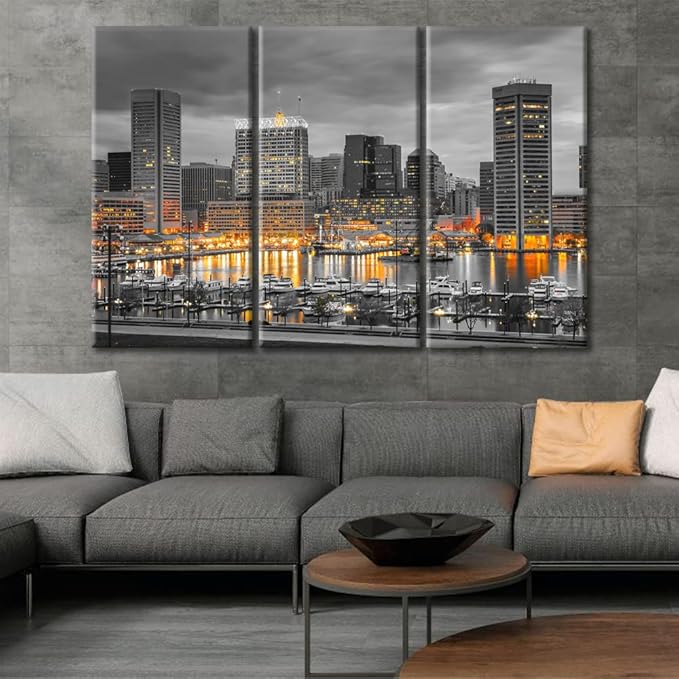 TUMOVO Baltimore City Skyline Canvas Wall Art 3 Panel American Cityscape Pictures Black and White Wall Art Beautiful Cityscape Modern Artwork Wall Decor Framed Ready to Hang (60" Wx40 H)