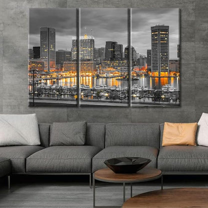 TUMOVO Baltimore City Skyline Canvas Wall Art 3 Panel American Cityscape Pictures Black and White Wall Art Beautiful Cityscape Modern Artwork Wall Decor Framed Ready to Hang (60" Wx40 H)