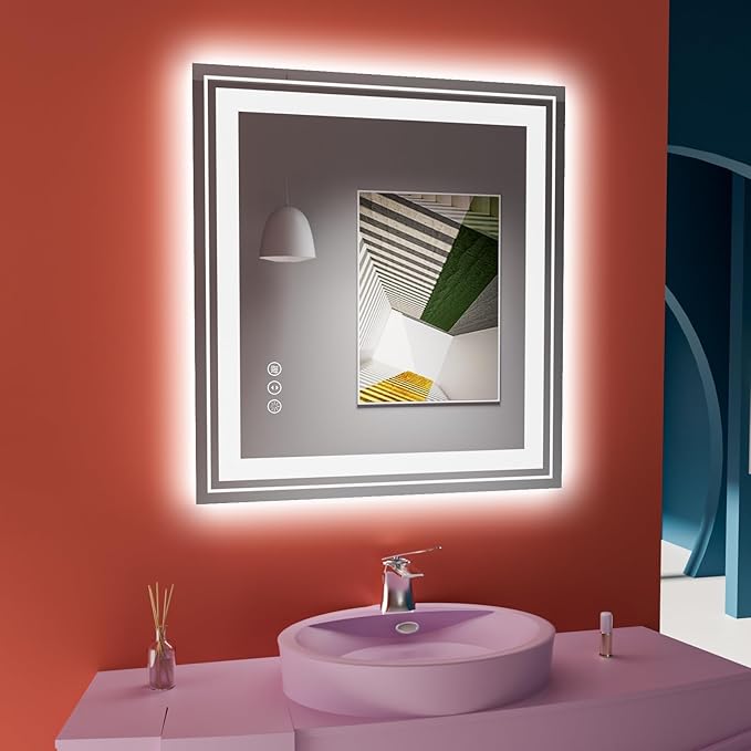 Snowdool LED Bathroom Mirror, 32"X32" with Front and Backlit, Anti-Fog, Bathroom Vanity Mirror for Wall, Memory Function, Stepless Dimmable, Tempered Glass (Horizontal/Vertical)