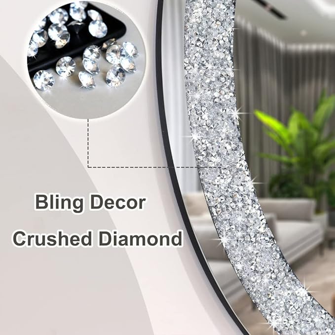 DMDFIRST Crystal Crushed Diamond Oval Shaped Glam Bling Silver Mirror for Wall Decoration 16x20x0.9 inch Wall Hang Frameless Sparkly Mirror Glass Stunning Home Diamond Decor