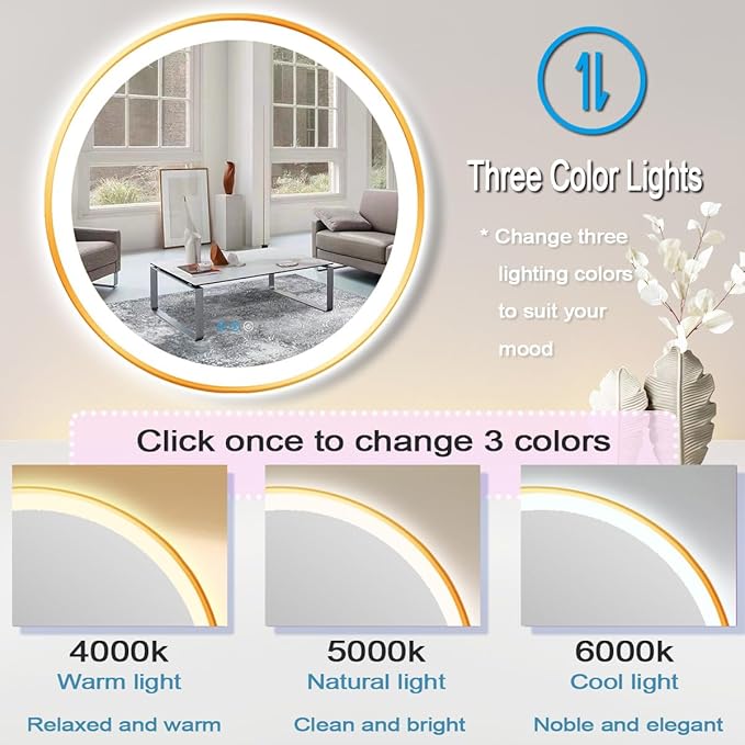 36 Inch Gold Round LED Mirror with Lights Gold Frame Round Lighted Mirror for Bathroom Wall Gold Round Lighted Vanity Mirror with Light 3 Color Dimmable AntiFog 36" Circle Light up Smart Mirror