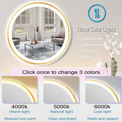 36 Inch Gold Round LED Mirror with Lights Gold Frame Round Lighted Mirror for Bathroom Wall Gold Round Lighted Vanity Mirror with Light 3 Color Dimmable AntiFog 36" Circle Light up Smart Mirror