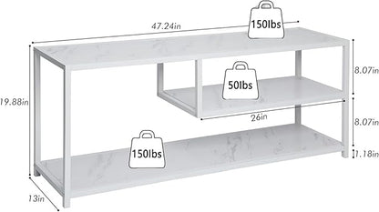 Function Home TV Stand for TVs up to 55 Inch, 3 Tier Entertainment Center, Media Console with Open Storage Shelves for Living Room Bedroom, 47” Modern TV Table with Wood Top White Metal Legs