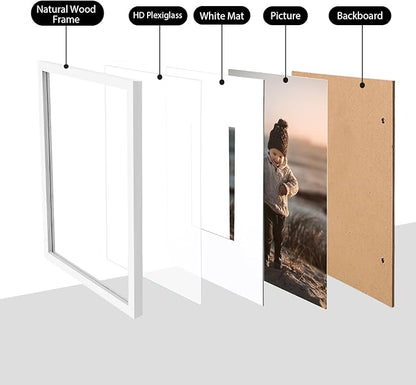 KINLINK 8x12 Picture Frame White, Solid Wood Frames with Acrylic Plexiglass for Pictures 6x8 with Mat or 8x12 without Mat, Tabletop and Wall Display Photo Frame, Set of 4