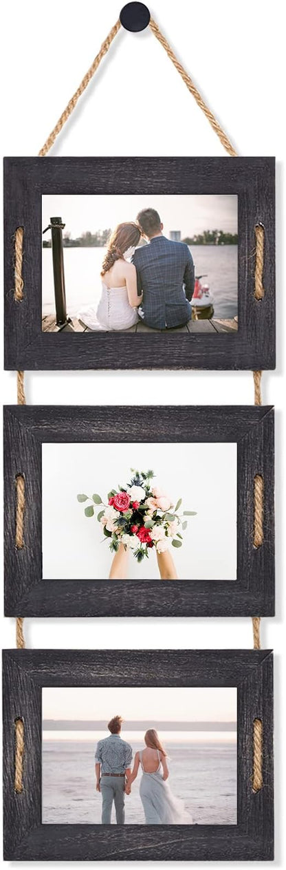 DLQuarts 5x7 Hanging Picture Frames Collage Wall Decor, 3-Opening Photo Frames 5x7 Without Mat & 3.5x5 with Mat, Rustic Wood 3-Frame, Weathered Black
