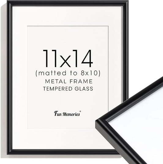 Fun Memories Black Picture Frame 11x14, Metal 11 x 14 Photo Frames for Wall, 11x14 Frame with Mat for 8x10, 11 by 14 Frames with Tempered Glass, Modern Black 11 x 14 Frame for Home Decor
