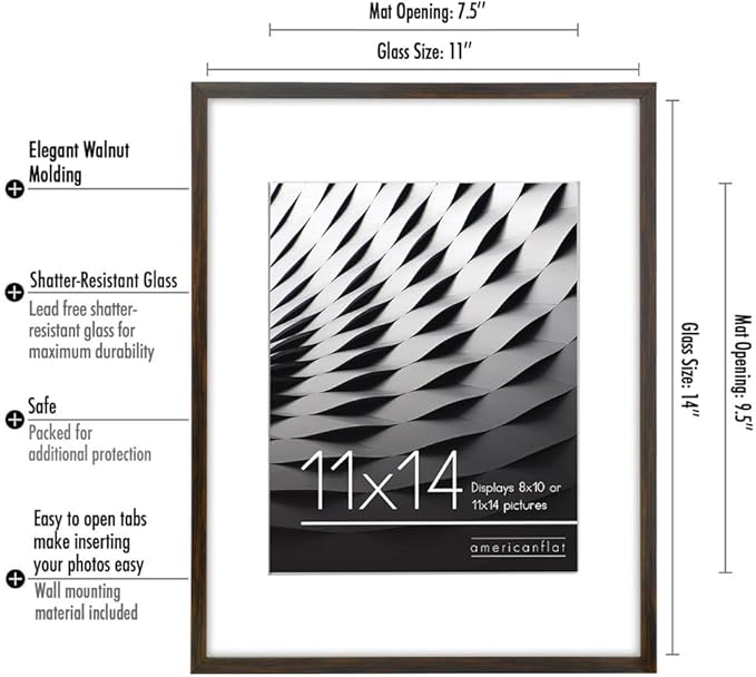 Americanflat 11x14 Picture Frame with Shatter-Resistant Glass - Use as 8x10 Frame with Mat or Display 11x14 Photo Without Mat - Streamline Collection - Thin Border Picture Frames for Wall - Mahogany