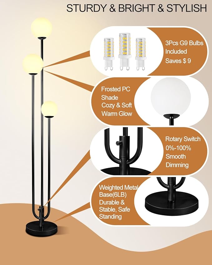 Lightdot 63IN Black Floor Lamp Dimmable with Mid Century Standing Lamps, 3000K Warm White Bulbs Included, Modern Globe Floor Lamp with 5Lbs Heavy Base for Living Room/Bedroom/Sofa Beside/Corner Decor