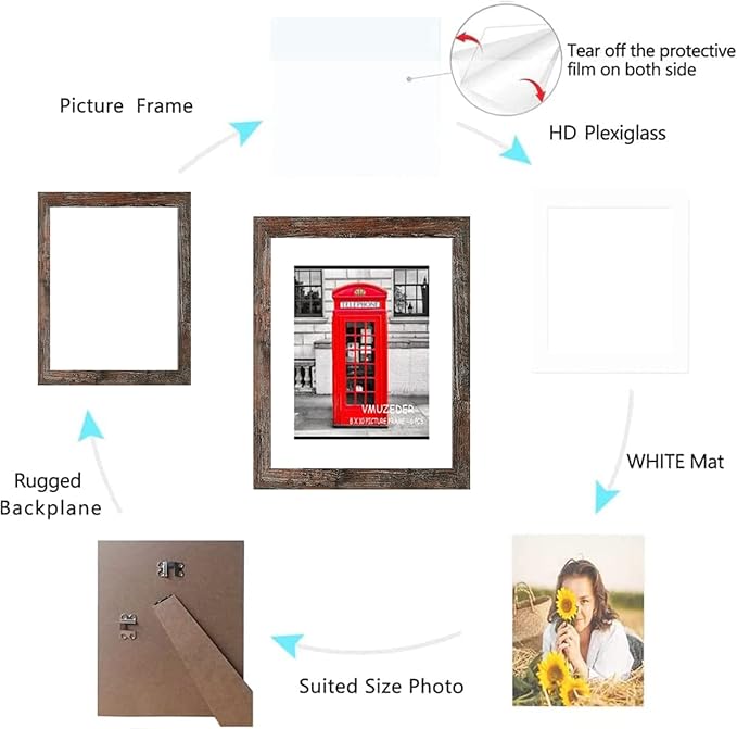 8x10 Picture Frame Rustic Brown Set of 6,Display Pictures 5x7 with Mat or 8x10 Without Mat for Wall Mounting or Table Top Display, Photo Frames Collage for Wall