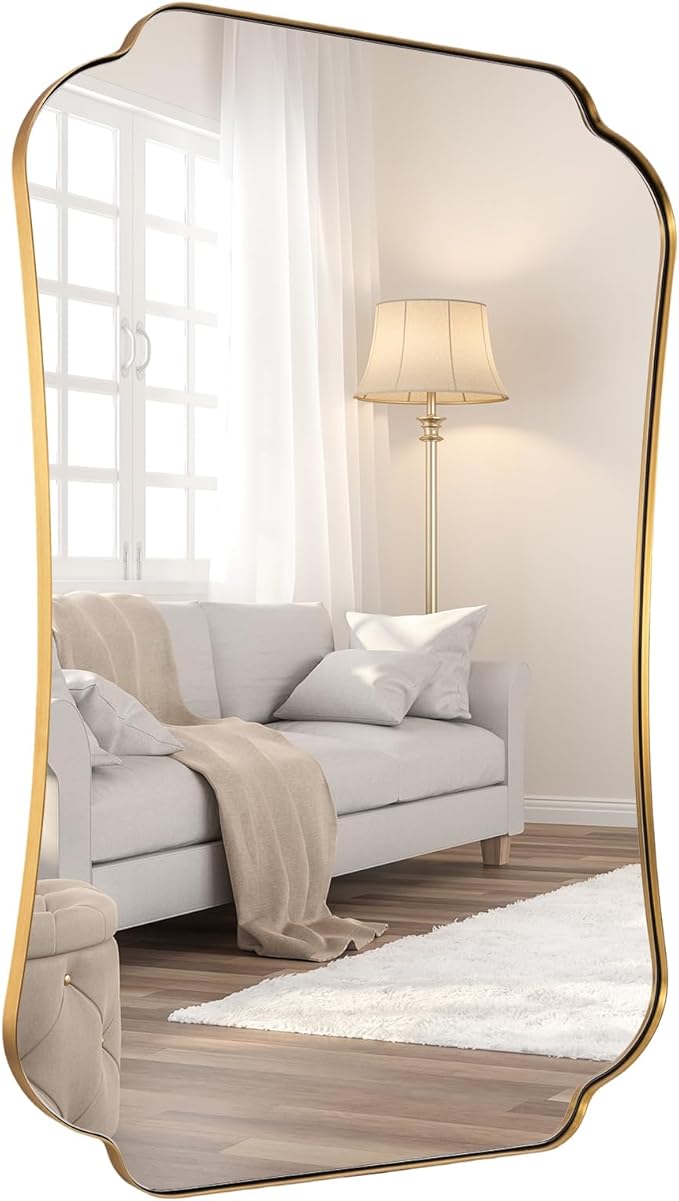 ANDY STAR 26"x38" Gold Mirror, Brushed Brass Scalloped Wall Mirror, Bathroom Wall Mirror with Stainless Steel Metal Framed Ideal for Bedroom, Hallway