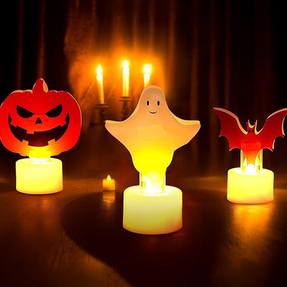Tuanse 6 Pcs Halloween Flameless Candles Battery Operated LED Tealight Candles Pumpkin Bat Ghost Halloween Decorations for Home Indoor Table Centerpiece Party Decor