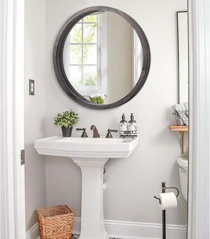JJUUYOU Large Circle Wall Mirror 24 Inch Round Wall Mirror for Bathroom, Gray Rustic Circular Mirror Washroom Wall Vintage Wood Frame Mirror for Living Room, Bedroom, Dorm Decorative