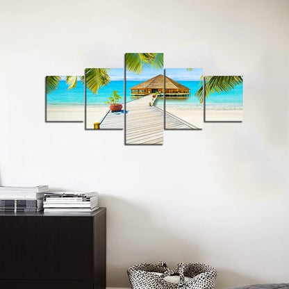Landscape Beach Palm Tree House Scene of Sea Picture Modern Painting on Canvas 5 Piece Framed Wall Art for Living Room Bedroom Home Decor Gallery Wrap Giclee Print (50’’W x 24’’H)