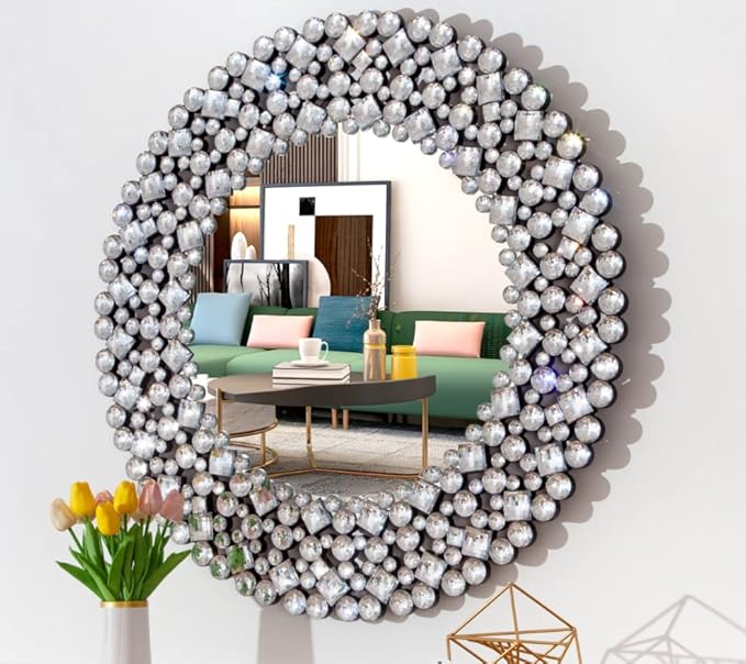 SHYFOY 34" Round Mirrors for Wall Decor,Oversize Jeweled Ornate Wall Mirror Decorative Accent Mirror Chic and Sparkly for Living Room Bathroom Bedroom Fireplace Home Decor