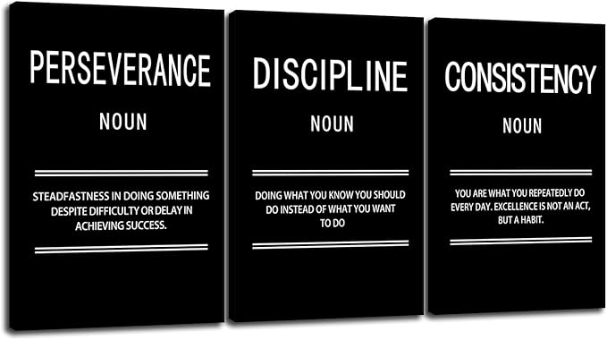 3 Panel Inspirational Canvas Perseverance Discipline Consistency Print Wall Art Motivational Poster Painting Modern Inspiring Artwork for Home Living Room Office Decor Ready to Hang [72''Wx 36''H]