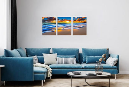 TutuBeer 3 Pcs Wall Decor Beach Ocean Pictures Sunrise over the Beach Pictures Print on Canvas Seascape Canvas Coastal Wall Art Ocean Wall Art Stretched and Framed 16" x32" x 3