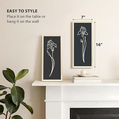 VIYYIEA Wooden 3d Floral Bathroom Wall Decor, Ready-to-Hang Framed Wall Art For Living Room, Bedroom and Office, Boho Botanical Farmhouse Decoration, Lightweight but Valuable Gift (7x16 In, set of 2)