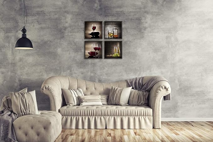 Wieco Art Framed Canvas Wall Art Red Wine Cups Modern 4 Pieces Abstract Canvas Prints Artwork Contemporary Vintage Pictures for kitchen Wall decorations Bar Interior Decor