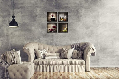 Wieco Art Framed Canvas Wall Art Red Wine Cups Modern 4 Pieces Abstract Canvas Prints Artwork Contemporary Vintage Pictures for kitchen Wall decorations Bar Interior Decor