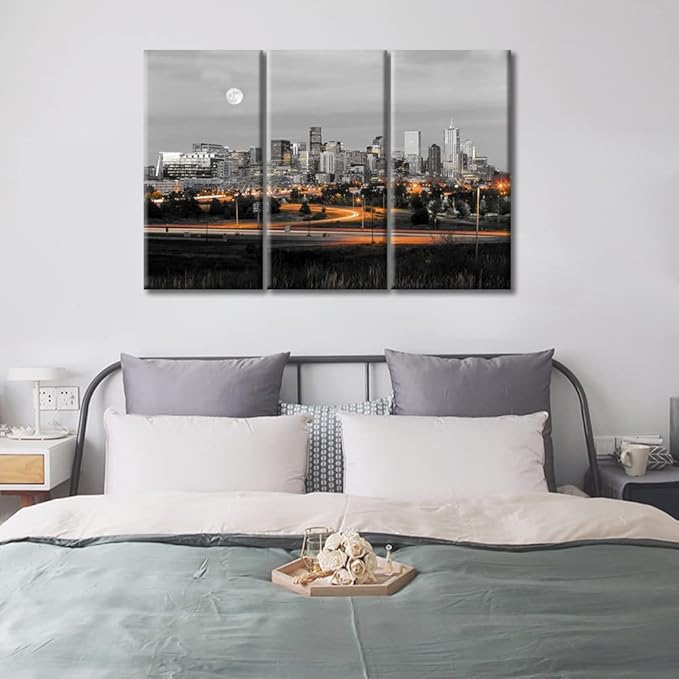 TUMOVO American Cityscape Wall Decor 3 Piece Denver Nighttime Lightscape Art Prints Wall Decor Living Room Beautiful Skyscrapers Skyline House Decor Framed Ready to Hang (36" Wx24 H)