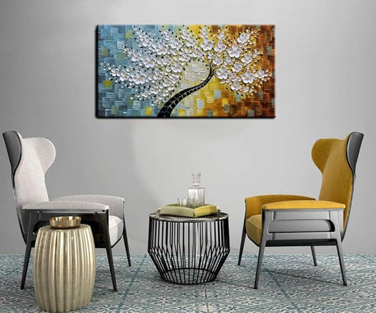 YaSheng Art - Wall Art Oil Painting ,100% HandPainted 3D Texture Wall Art Artwork White Flower Tree Paintings ,Abstract Canvas Wall Art ,Bedroom Dining Room Living Room Modern Wall Art Decor Home , Framed Wall Art Picture 24x48inch