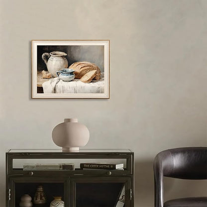 ASTRDECOR Framed Kitchen Wall Art, Modern Muted Still Life Painting Farmhouse Wall Decor, Sourdough Bread Canvas Wall Art Prints, Rustic Jars White Tablecloth Country Wall Decor Living Room-12''x16''