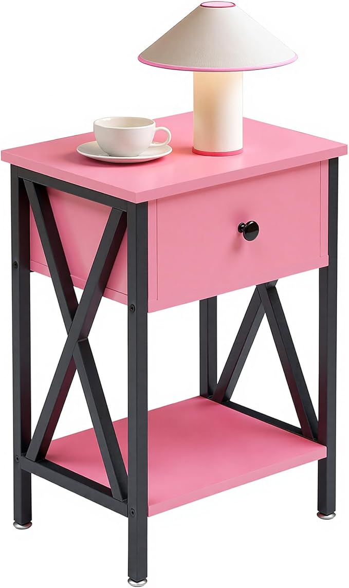 VECELO Nightstand,Modern Bedside End Table, Night Stand with Drawer and Storage Shelf for Living Room Bedroom, Industrial Metal Frame