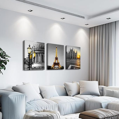Black and white Architectural landscape Canvas Wall Art for Living Room kitchen Wall Artworks Bedroom Decoration, 3 Piece framed bathroom Home Wall decor posters Yellow Eiffel Tower wall painting