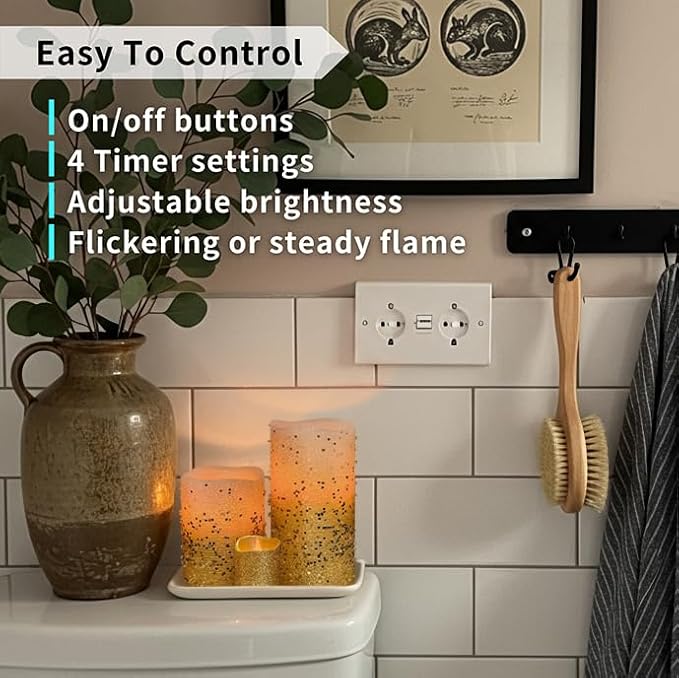 FURORA LIGHTING Gold Glitter Flameless Candles - Real Wax, Adjustable Brightness, Remote & Timer - 4 Pillars (3x4, 3x6) and 4 Votives, 8-Pack, Battery Operated