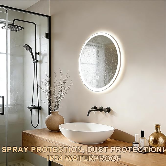 20 Inch Round LED Bathroom Mirror with Frontlit and Backlit, Lighted Vanity Bathroom Mirror, Stepless Dimmable & 3 Colors (3000K/4000K/6000K), IP54 Waterproof
