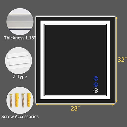 32"x28" LED Bathroom Mirror with Anti-Fog, Stepless Dimmable Lights, 3 Color Modes, Shatter-Proof Tempered Glass,Waterproof Design