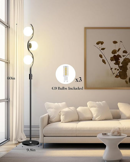 Lightdot 60IN Dimmable Black Floor Lamp Mid Century Standing Lamps with 3Pcs Warm White Bulbs Included Brightness Adjustable Modern Tall Lamp with 5Lbs Heavy Base for Bedroom/Sofa Beside/Corner Decor