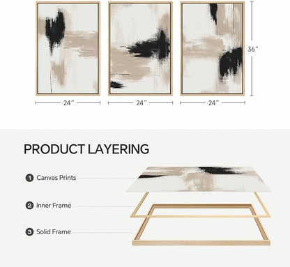 Large Framed Neutral Abstract Wall Art for Living Room, 3 Piece Modern Minimalist Canvas Prints Artwork for Walls, Extra Large Abstract Paintings for Dining Room Bedroom Hallway Wall Decor, 24x36 Inch