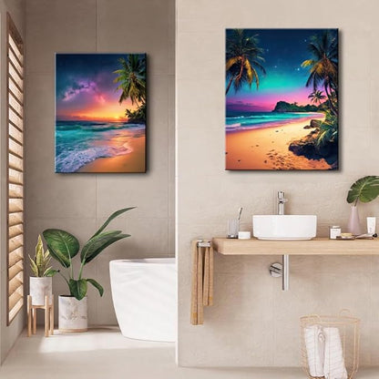 weiyiart 3-Piece Tropical Beach Wall Art, Northern Lights Ocean Sunset Canvas Prints, Palm Tree Coastal Seascape Decor for Living Room Bedroom Bathroom Office, 12"x16" Set of 3