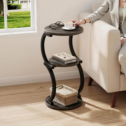 JUSTOGO Small Round Side Table, 3-Tier End Table for Living Room, Vintage Nightstand for Small Spaces Sofa Couch Corner Bedside Bedroom, S-Shaped Wood Accent Table Matel Coffee Table, Charcoal Grey