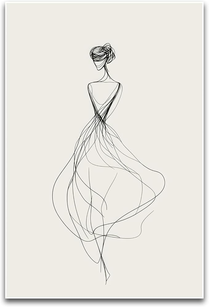Elegant Woman Line Art Wall Art Modern Minimalist Back View Figure Sketch Neutral Tone Black Beige Home Living Room Bedroom Entryway Sophisticated Artistic Interior Decor Statement Piece 16x24 Inch Unframed