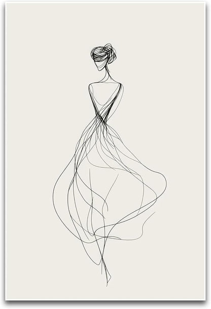 Elegant Woman Line Art Wall Art Modern Minimalist Back View Figure Sketch Neutral Tone Black Beige Home Living Room Bedroom Entryway Sophisticated Artistic Interior Decor Statement Piece 16x24 Inch Unframed
