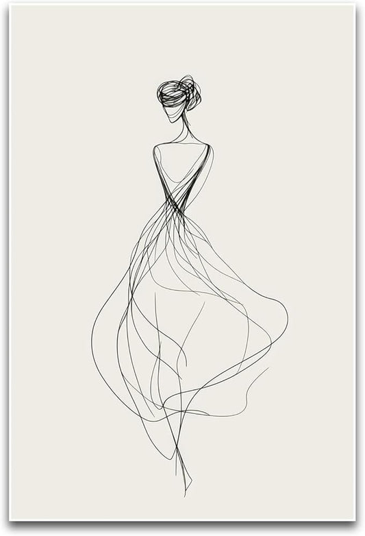 Elegant Woman Line Art Wall Art Modern Minimalist Back View Figure Sketch Neutral Tone Black Beige Home Living Room Bedroom Entryway Sophisticated Artistic Interior Decor Statement Piece 16x24 Inch Unframed
