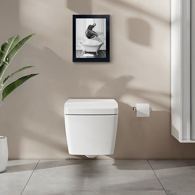 calmart Funny Elephant Wall Art - Washing Elephant In Bathtub Pictures for Wall Animal Paintings Please Seat Yourself Sign Framed Artwork Rustic Canvas Print Decor