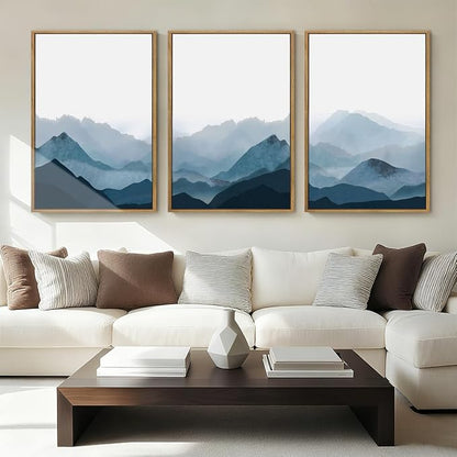 BINCUE Framed Blue Mountain Wall Decor Fog Blue Ridge Mountains Wall Art Minimalist Landscape Artwork Simple Blue Pictures Modern Mountain Wall Paintings for Living Room Bedroom Office 16x24 Inches Set of 3 Gift