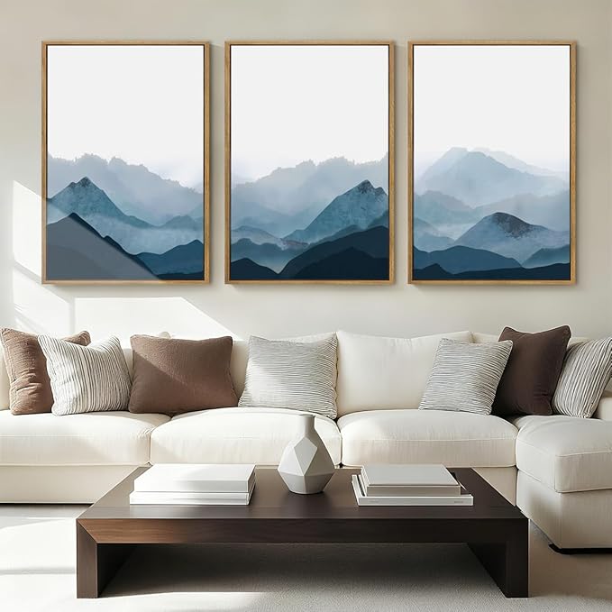 BINCUE Large Blue Mountain Wall Art Fog Blue Ridge Mountains Artwork Framed Minimalist Mountains Wall Decor Simple Mountain Art Print Landscape Artwork for Living Room Bedroom Office Farmhouse 24x36 Inch Set of 3 Gift