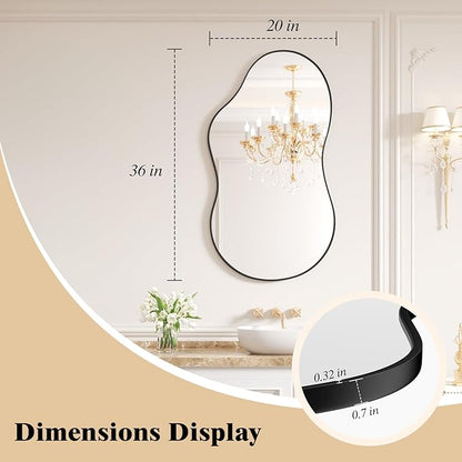 WEER Irregular Wall Mirror, 20x36 inch Black Asymmetrical Mirror Wall Mounted Mirrors Decorative, Abstract Wavy Aluminum Alloy Frame Bathroom Mirror, Bedroom, Living Room, Entryway