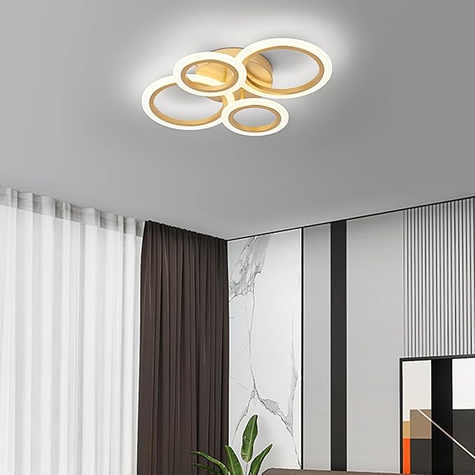 Modern LED Flush Mount Ceiling Light, 4 Rings Gold Close to Ceiling Light Fixtures, Kitchen Lighting Fixture Lamp for Bedroom, Living Room, Laundry Room, 4000K Not Dimmable