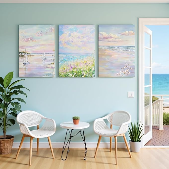 SEWEAIPIC 3 Piece Coastal Wall Art, Dreamy Pastel Pink Beach Canvas Prints, Calming Ocean Sunset Painting for Bedroom, Living Room Decor, Seascape Artwork, 16x24 inch - Framed