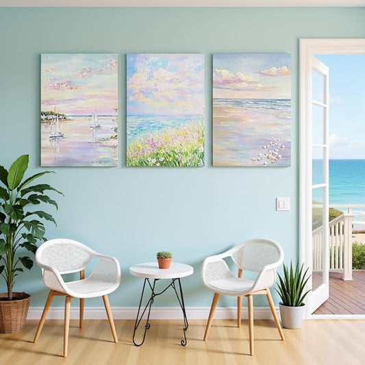 SEWEAIPIC 3 Piece Coastal Wall Art, Dreamy Pastel Pink Beach Canvas Prints, Calming Ocean Sunset Painting for Bedroom, Living Room Decor, Seascape Artwork, 16x12 inch - Framed