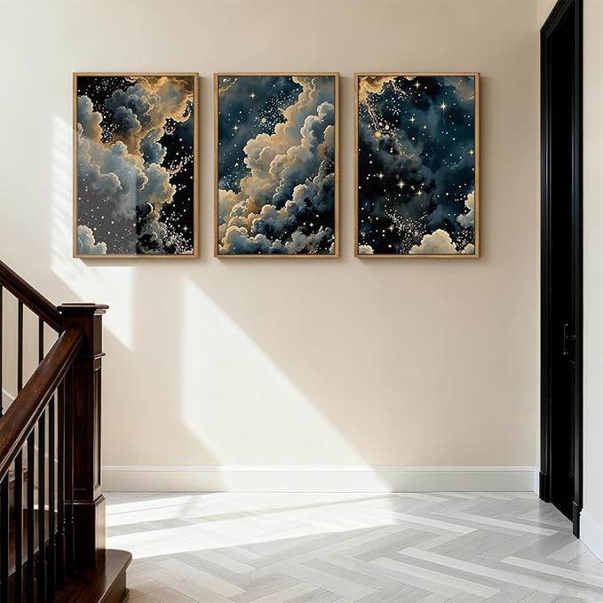 HPNIUB Dreamy Starry Night Sky Framed Wall Art Set,Moody Celestial Wall Decor,Modern Abstract Maximalist Gothic Printing,Natural Stars Illustrations Artwork for Living Room, Bedroom,Office-24''x36''x3