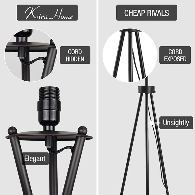 Kira Home Sadie 61" Modern Tripod Floor Lamp with Black Linen Drum Shade, Cross-Leg Standing Light with 9W LED Bulb and Leather Accent, Black Finish