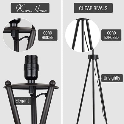 Kira Home Sadie 61" Modern Tripod Floor Lamp with Black Linen Drum Shade, Cross-Leg Standing Light with 9W LED Bulb and Leather Accent, Black Finish