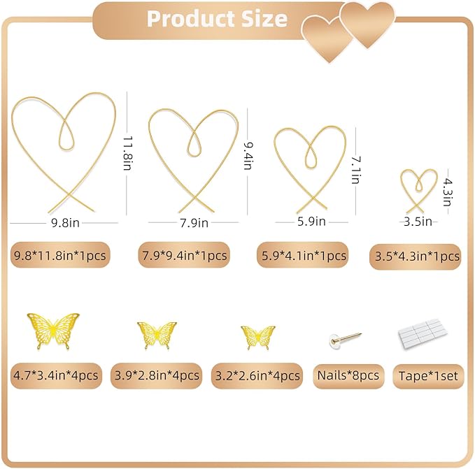 YarnieJiajia Gold Metal Wall Art Decor Wire Hearts And Pvc Butterfly Hanging For Living Room Bedroom Dorm Romantic Minimalist Home Decoration Gift For Women