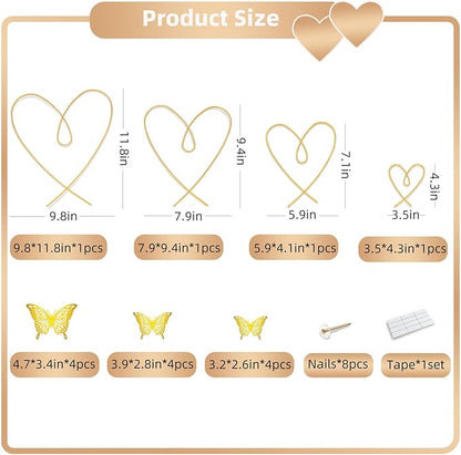 YarnieJiajia Gold Metal Wall Art Decor Wire Hearts And Pvc Butterfly Hanging For Living Room Bedroom Dorm Romantic Minimalist Home Decoration Gift For Women